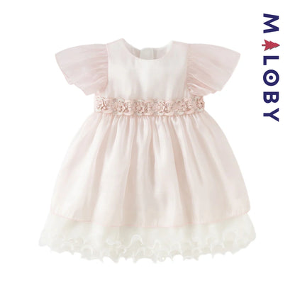 Robe cérémonie à fleurs brodées enfant fille- Rose poudré