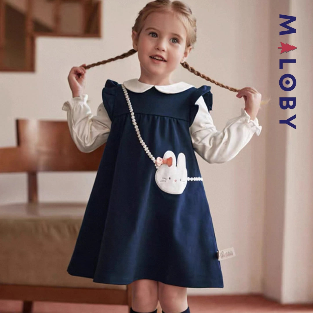 Robe bi-matière motif lapin enfant fille- Marine -robes et ensembles pour filles, bébés et garcons - MALOBY