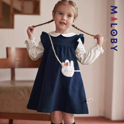 Robe bi-matière motif lapin enfant fille- Marine -robes et ensembles pour filles, bébés et garcons - MALOBY