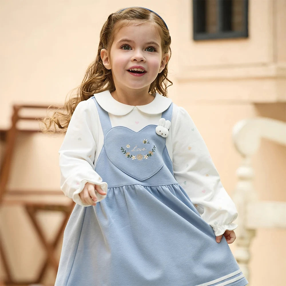 Robe Love bi-matière effet 2 en 1 enfant fille bleu, robe fille maroc - MALOBY