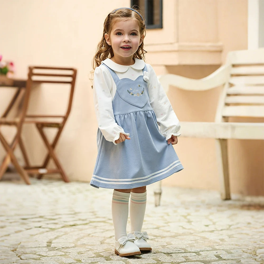 Robe Love bi-matière effet 2 en 1 enfant fille bleu, robe fille maroc - MALOBY