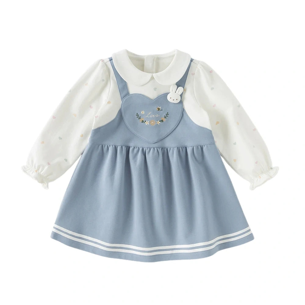 Robe Love bi-matière effet 2 en 1 enfant fille bleu, robe fille maroc - MALOBY