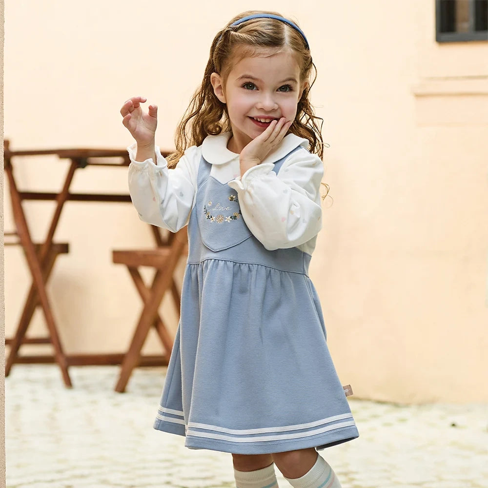 Robe Love bi-matière effet 2 en 1 enfant fille bleu, robe fille maroc - MALOBY