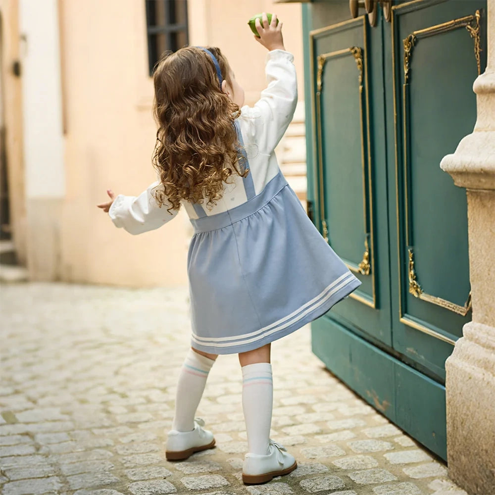 Robe Love bi-matière effet 2 en 1 enfant fille bleu, robe fille maroc - MALOBY