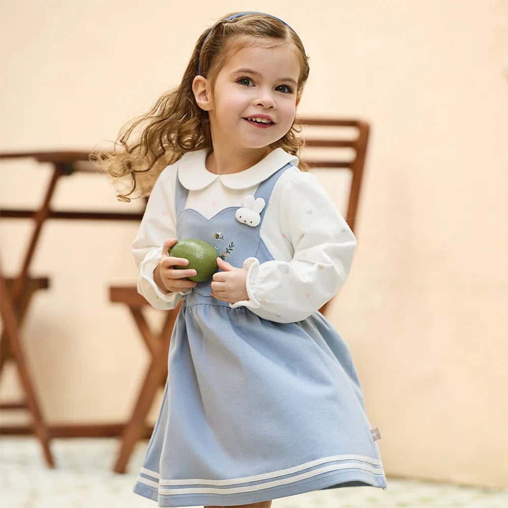 Robe Love bi-matière effet 2 en 1 enfant fille bleu, robe fille maroc - MALOBY