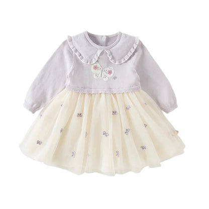 Robe effet 2 en 1 motifs papillons brodés enfant fille -Lilas