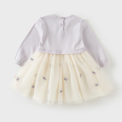 Robe effet 2 en 1 motifs papillons brodés enfant fille -Lilas