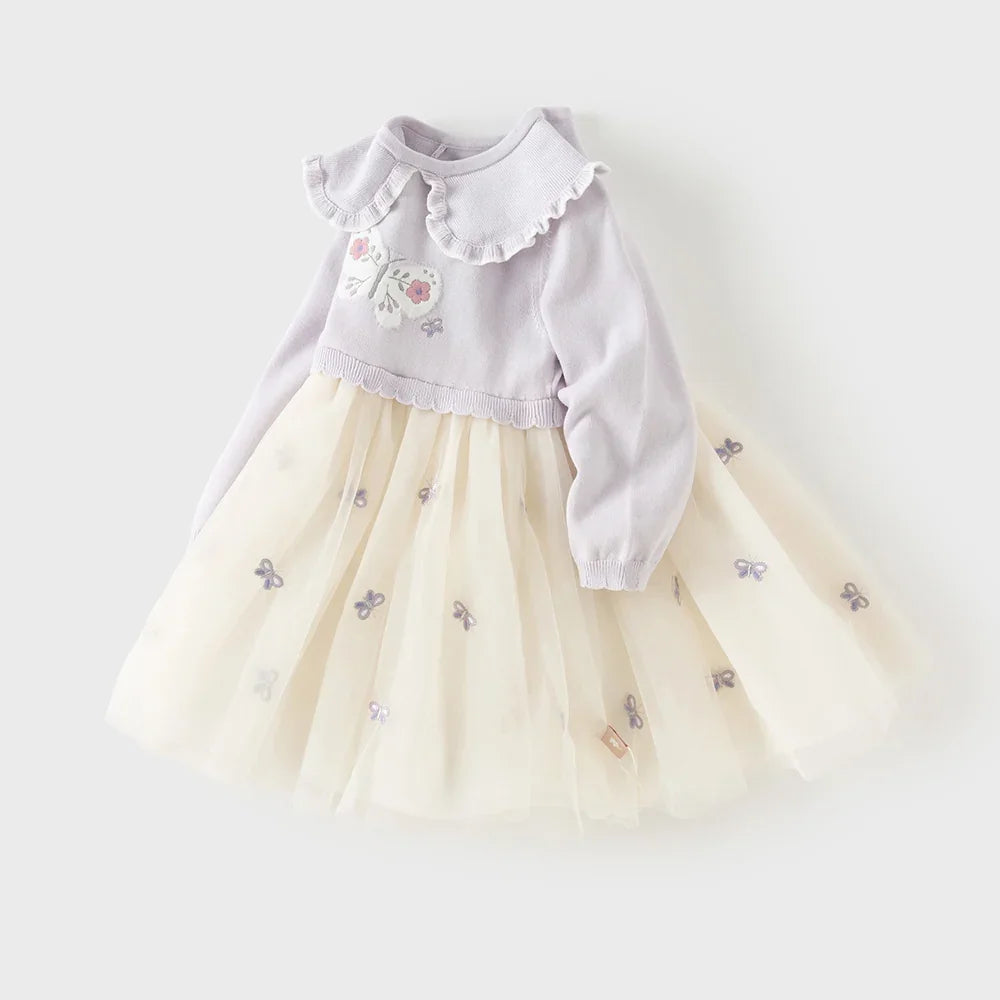 Robe effet 2 en 1 motifs papillons brodés enfant fille -Lilas