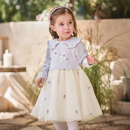 Robe effet 2 en 1 motifs papillons brodés enfant fille -Lilas