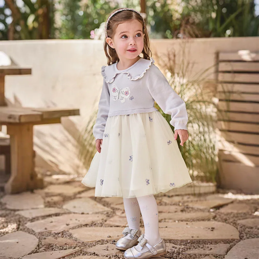Robe effet 2 en 1 motifs papillons brodés enfant fille -Lilas