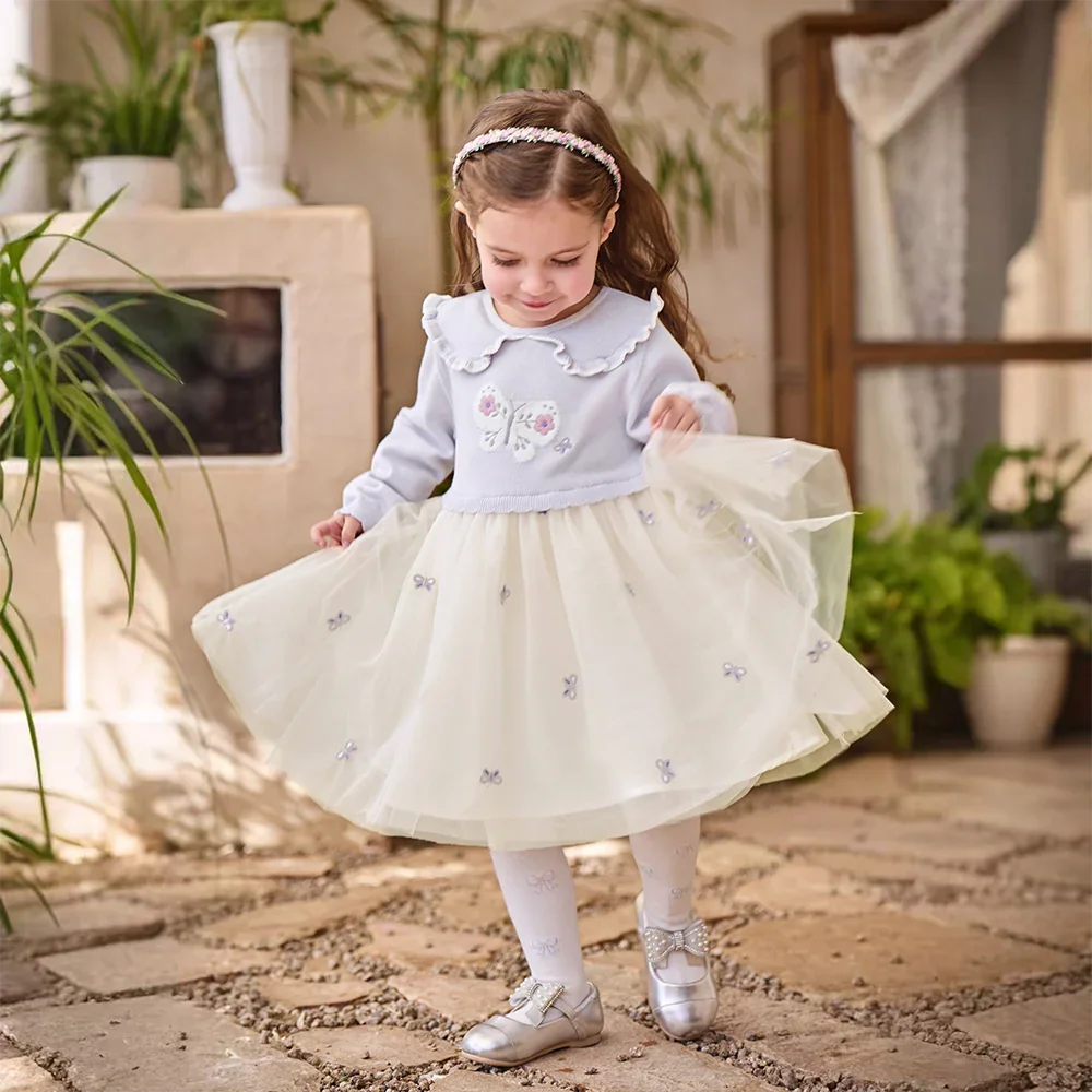 Robe effet 2 en 1 motifs papillons brodés enfant fille -Lilas