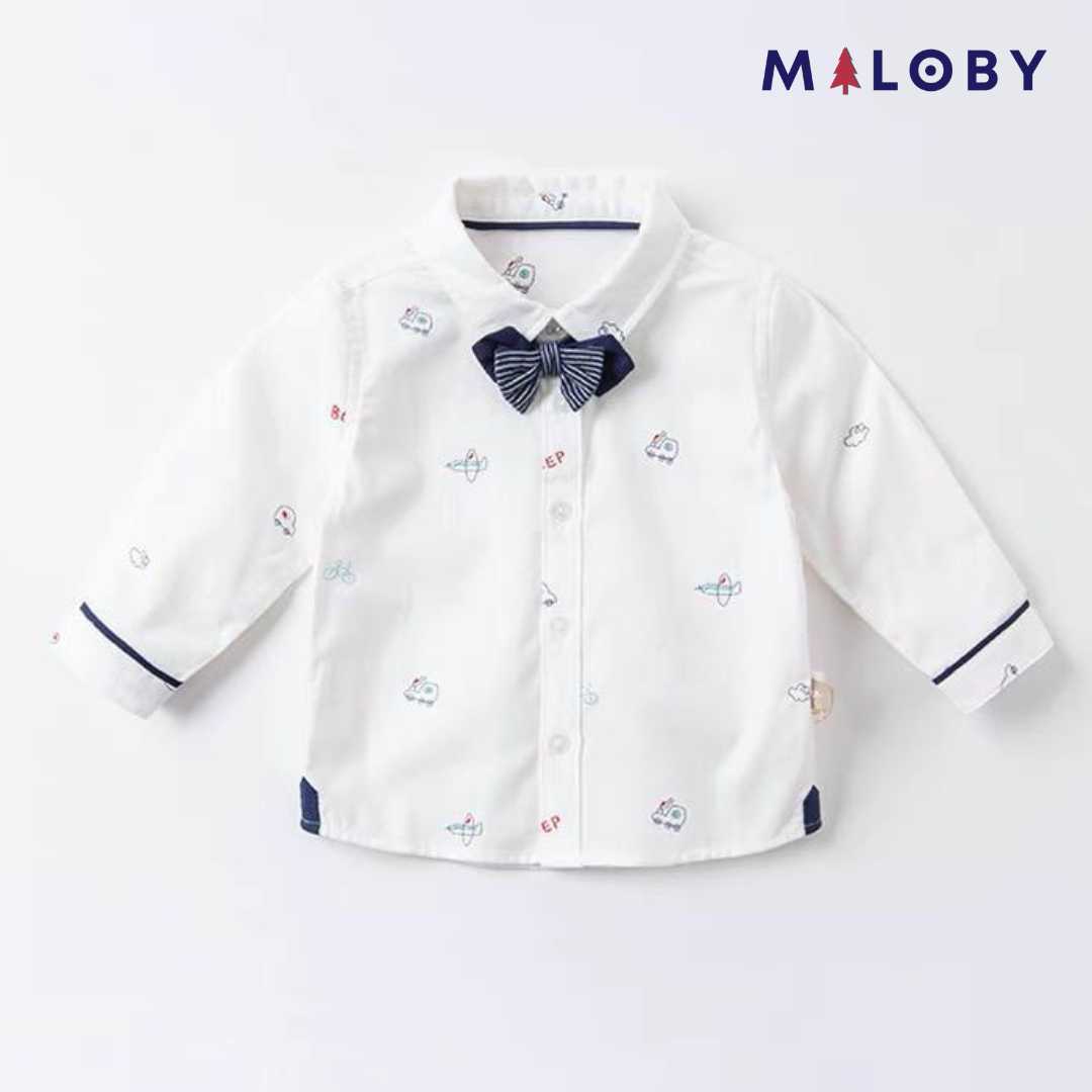 Ensemble chemise pour garçon+ Noeud papillon- Blanc imprimé -robes et ensembles pour filles, bébés et garcons - MALOBY