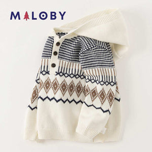 Pull jacquard a capuche garçon - blanc chiné -robes et ensembles pour filles, bébés et garcons - MALOBY