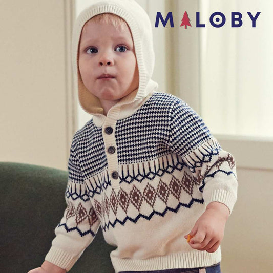 Pull jacquard a capuche garçon - blanc chiné -robes et ensembles pour filles, bébés et garcons - MALOBY