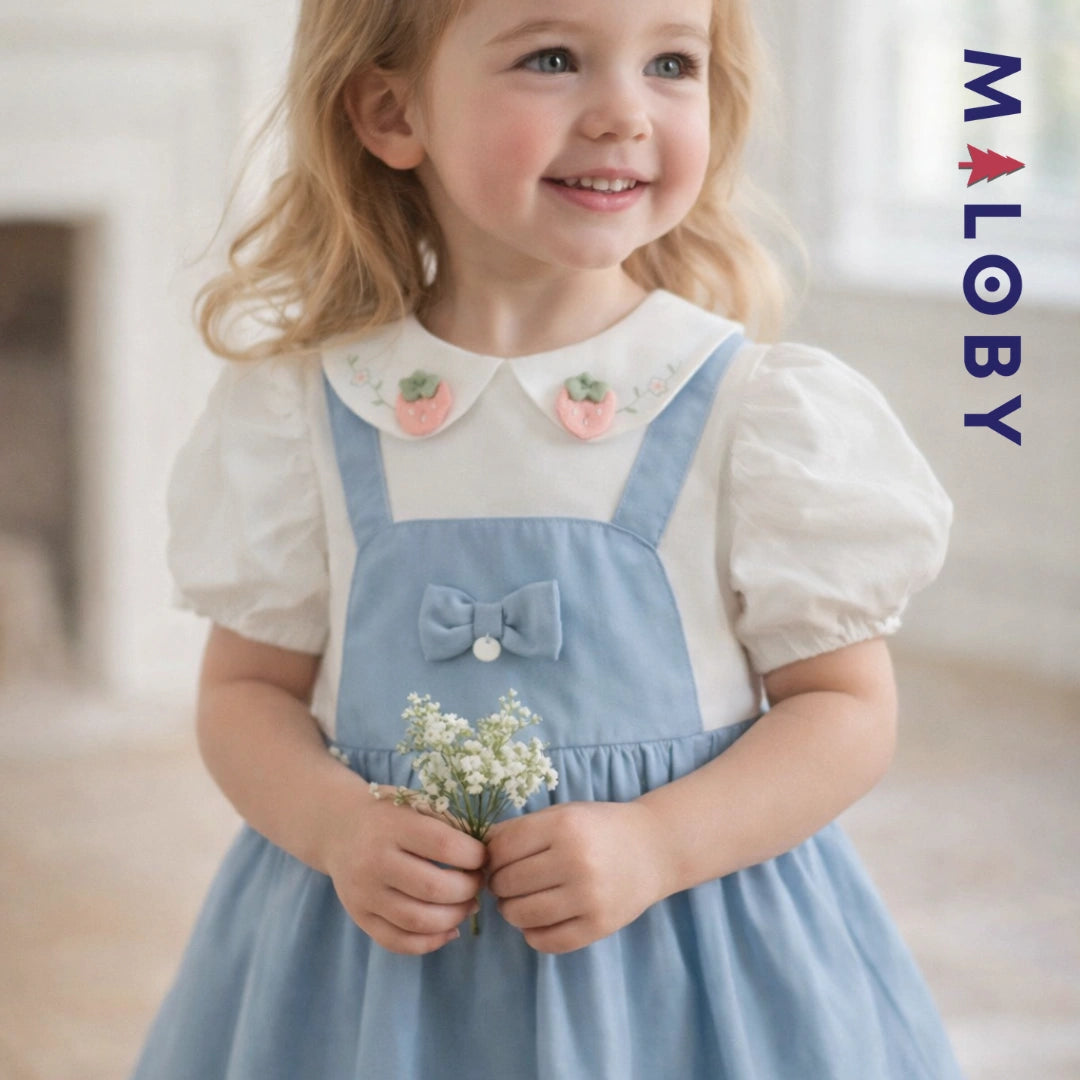 Robe été bi-matière effet 2 en 1 enfant fille- Bleu