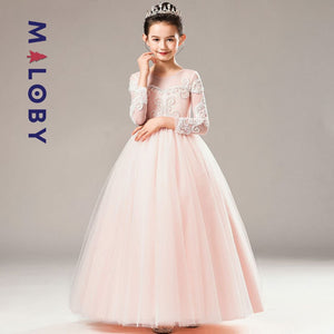 Robe longue de cérémonie en tulle brodée- Rose poudré -robes et ensembles pour filles, bébés et garcons - MALOBY