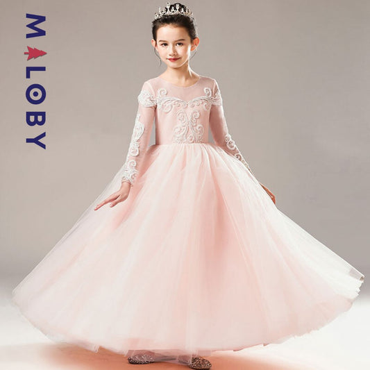 Robe longue de cérémonie en tulle brodée- Rose poudré -robes et ensembles pour filles, bébés et garcons - MALOBY