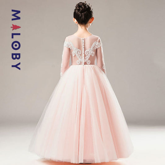 Robe longue de cérémonie en tulle brodée- Rose poudré -robes et ensembles pour filles, bébés et garcons - MALOBY