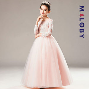 Robe longue de cérémonie en tulle brodée- Rose poudré -robes et ensembles pour filles, bébés et garcons - MALOBY