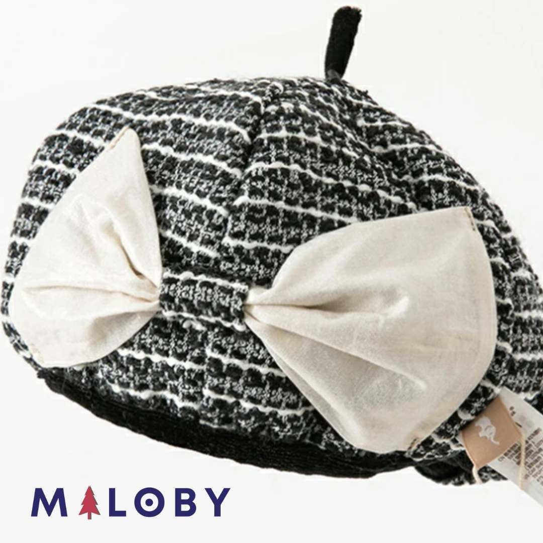 Beret noir et blanc avec nœud papillon pour les filles, accessoire élégant pour enfants.