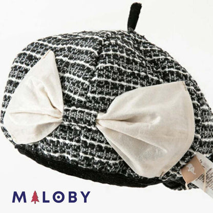 Beret noir et blanc avec nœud papillon pour les filles, accessoire élégant pour enfants.