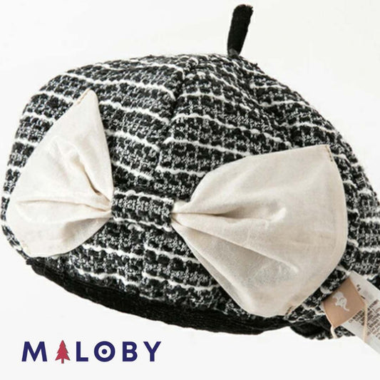 Beret noir et blanc avec nœud papillon pour les filles, accessoire élégant pour enfants.