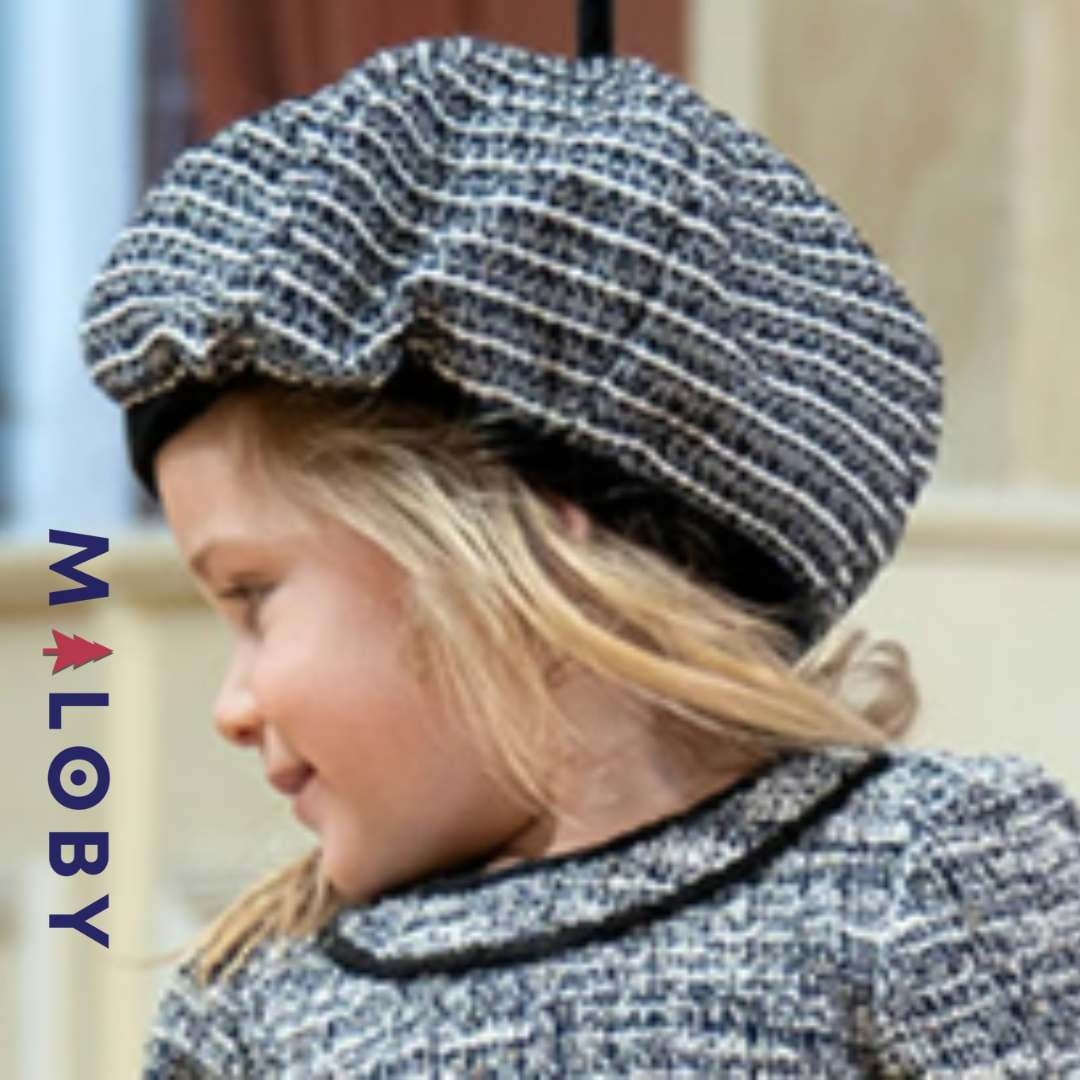 Beret noir et blanc avec nœud papillon pour les filles, accessoire élégant pour enfants.