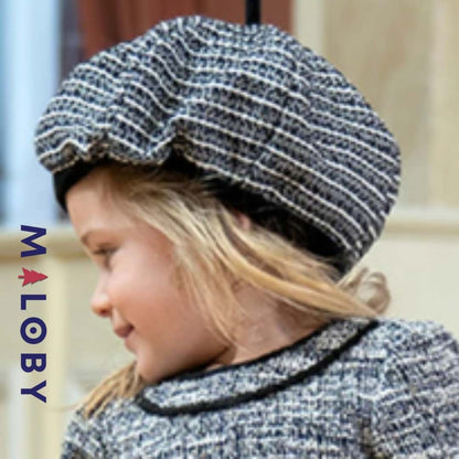 Beret noir et blanc avec nœud papillon pour les filles, accessoire élégant pour enfants.