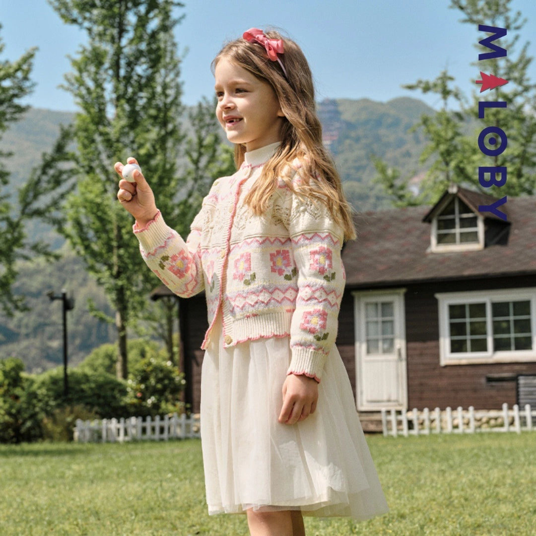 Cardigan ajouré pour fille, beige, parfait pour les événements et tenues d'anniversaire.