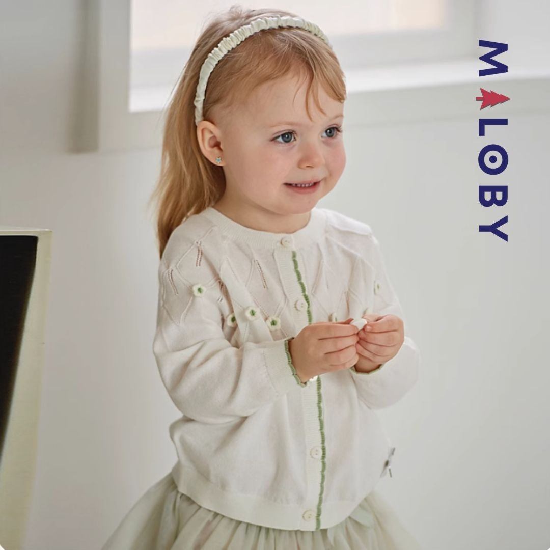 Cardigan blanc à motif fleurette pour enfants, parfait pour les occasions spéciales.
