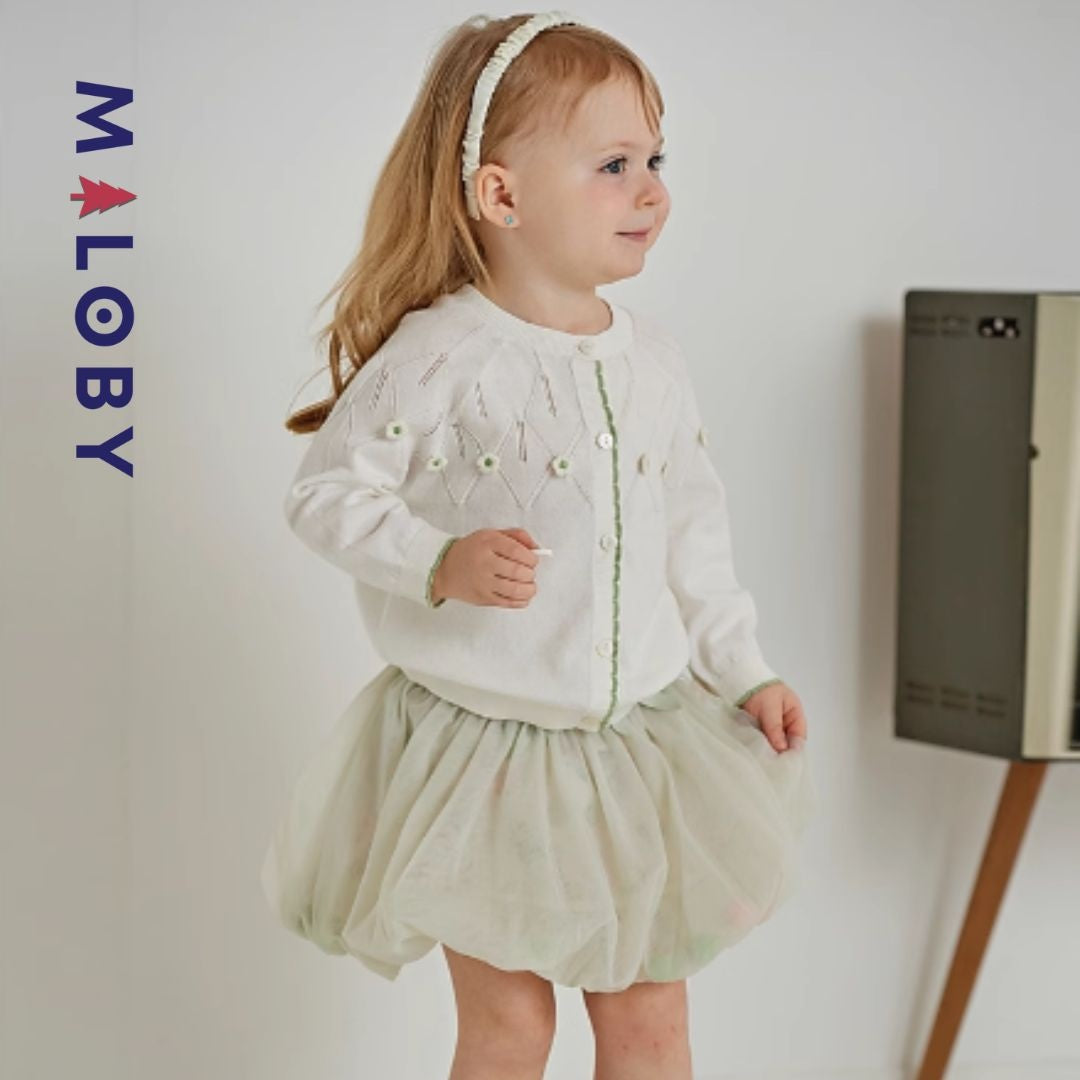 Cardigan blanc à motif fleurette pour enfants, parfait pour les occasions spéciales.
