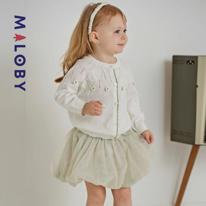 Cardigan blanc à motif fleurette pour enfants, parfait pour les occasions spéciales.