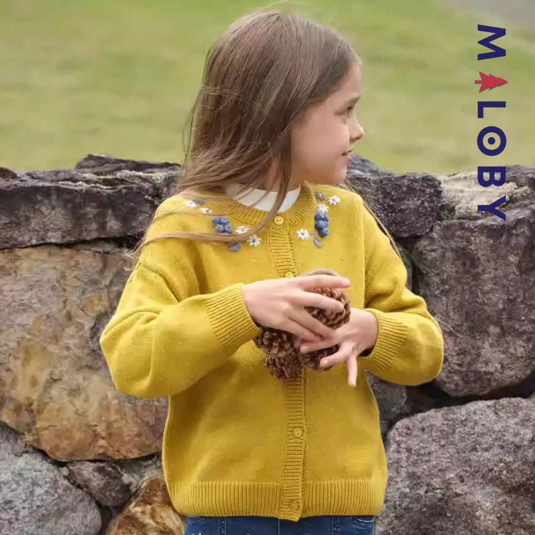 Cardigan brodé pour fille en jaune, vêtements enfants adaptés aux anniversaires et occasions spéciales.