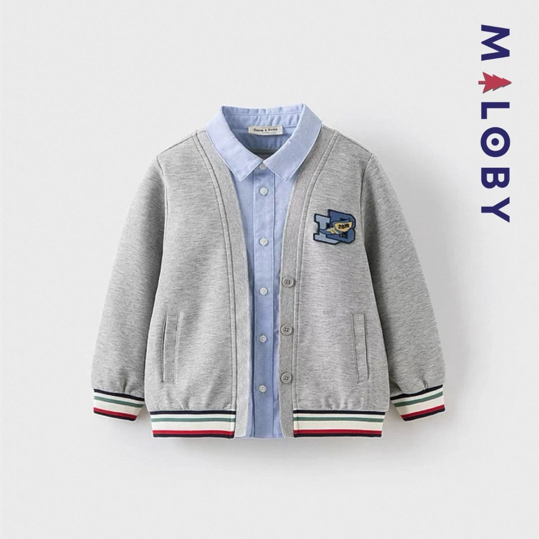 Cardigan chemise intégrée pour garçon, gris, idéal pour les anniversaires et les vêtements d'enfants au Maroc.