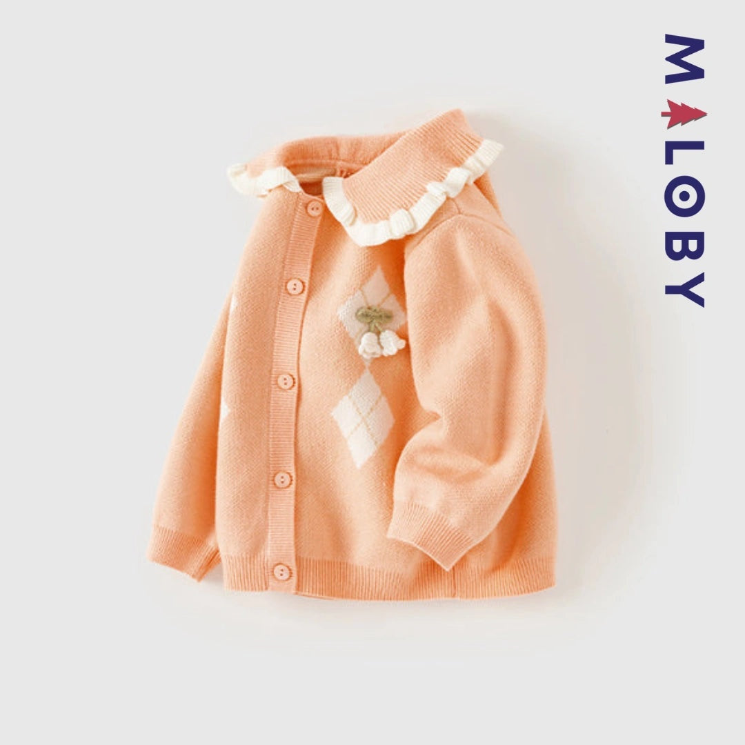 Cardigan à col claudine corail pour fille, idéal pour les occasions spéciales et les anniversaires.