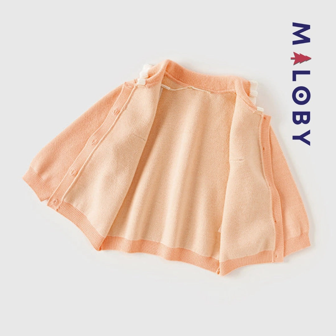 Cardigan à col claudine corail pour fille, idéal pour les occasions spéciales et les anniversaires.