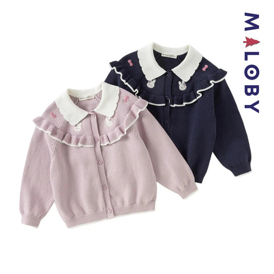 Cardigan à col claudine marine et violet pour fille, idéal pour les occasions spéciales.