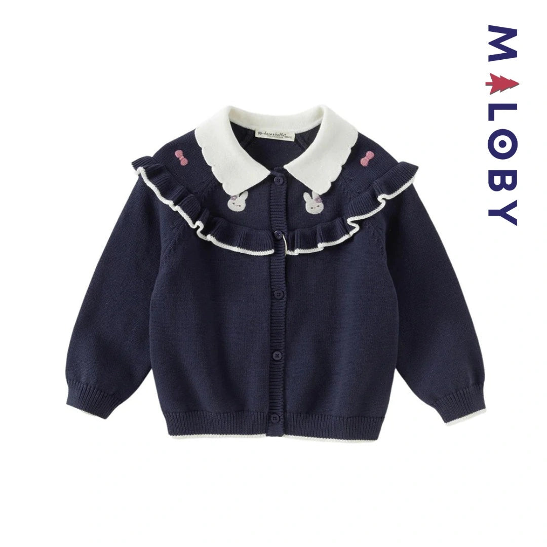 Cardigan à col claudine marine et violet pour fille, idéal pour les occasions spéciales.