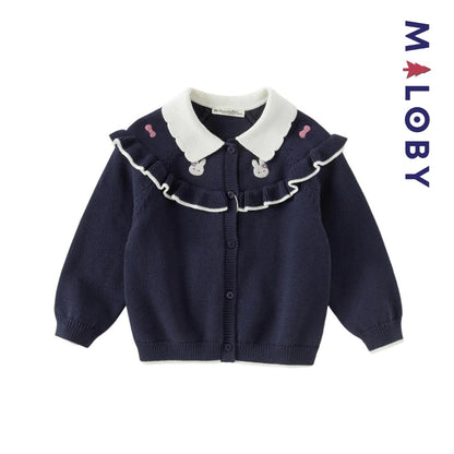 Cardigan à col claudine marine et violet pour fille, idéal pour les occasions spéciales.