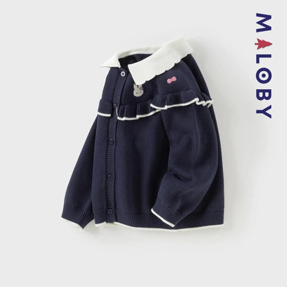Cardigan à col claudine marine et violet pour fille, idéal pour les occasions spéciales.