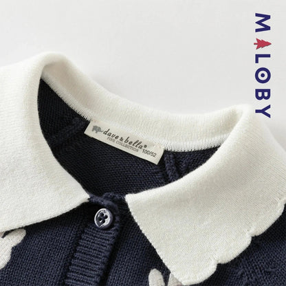 Cardigan à col claudine marine et violet pour fille, idéal pour les occasions spéciales.