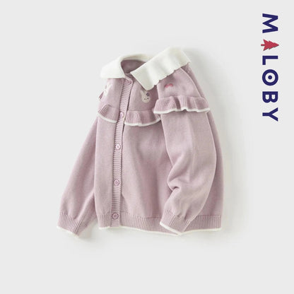 Cardigan à col claudine marine et violet pour fille, idéal pour les occasions spéciales.