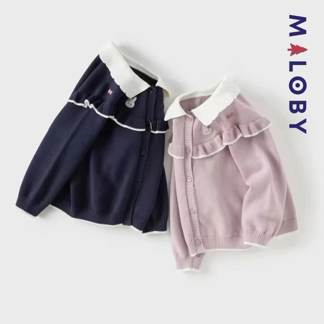 Cardigan à col claudine marine et violet pour fille, idéal pour les occasions spéciales.