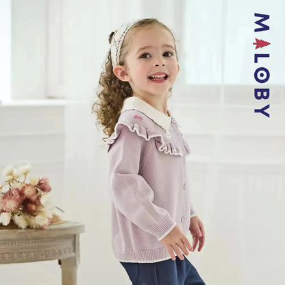 Cardigan à col claudine marine et violet pour fille, idéal pour les occasions spéciales.