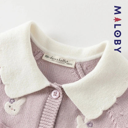 Cardigan à col claudine marine et violet pour fille, idéal pour les occasions spéciales.