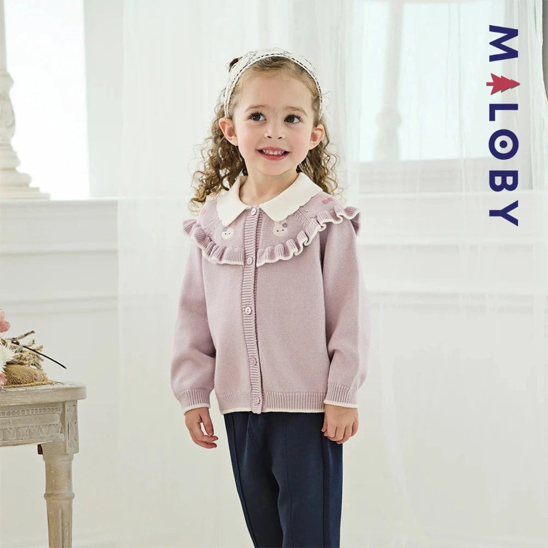Cardigan à col claudine marine et violet pour fille, idéal pour les occasions spéciales.