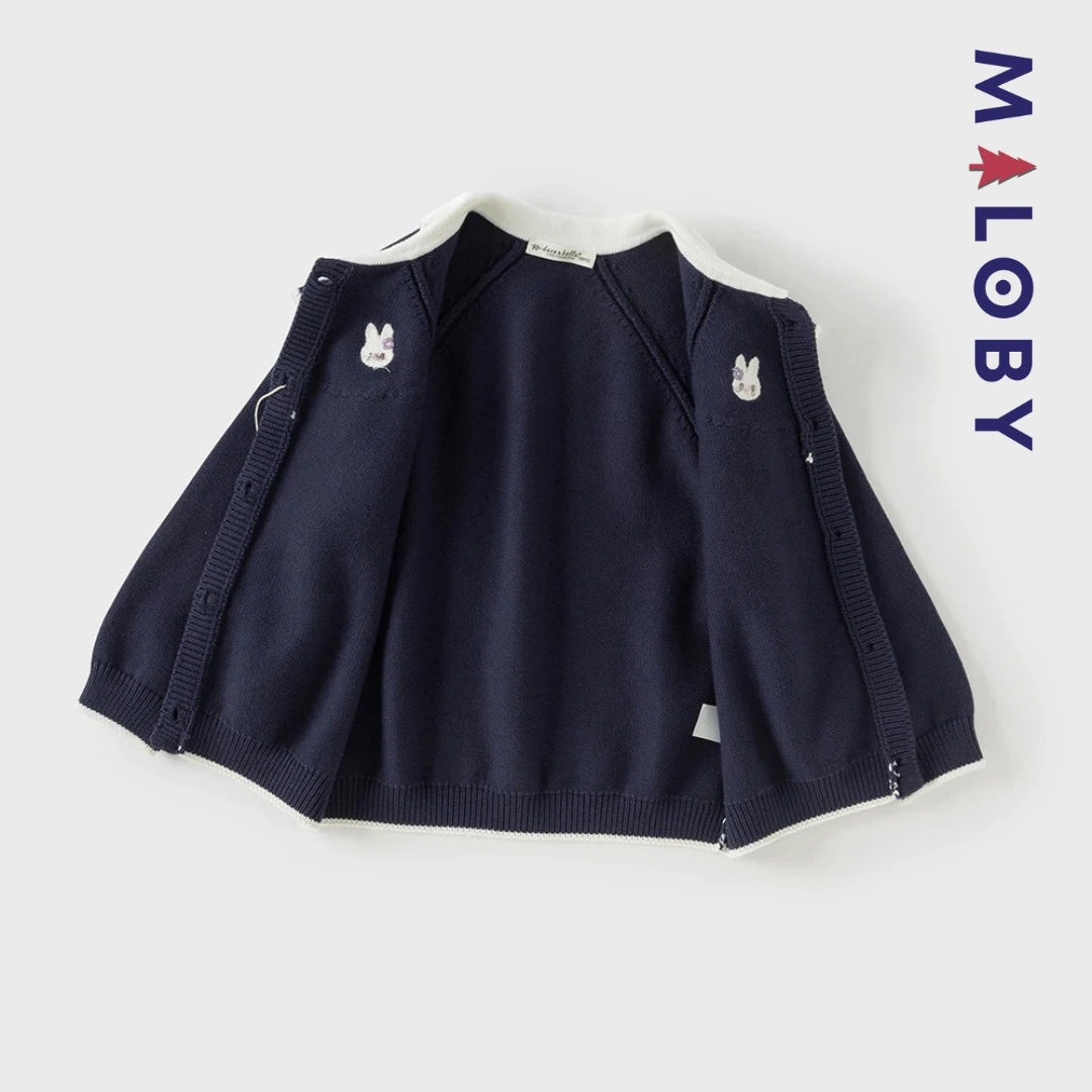 Cardigan à col claudine marine et violet pour fille, idéal pour les occasions spéciales.