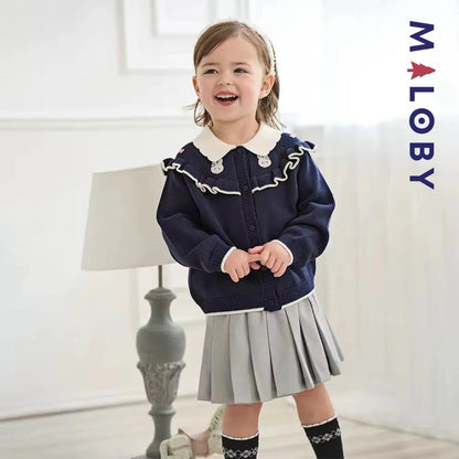 Cardigan à col claudine marine et violet pour fille, idéal pour les occasions spéciales.