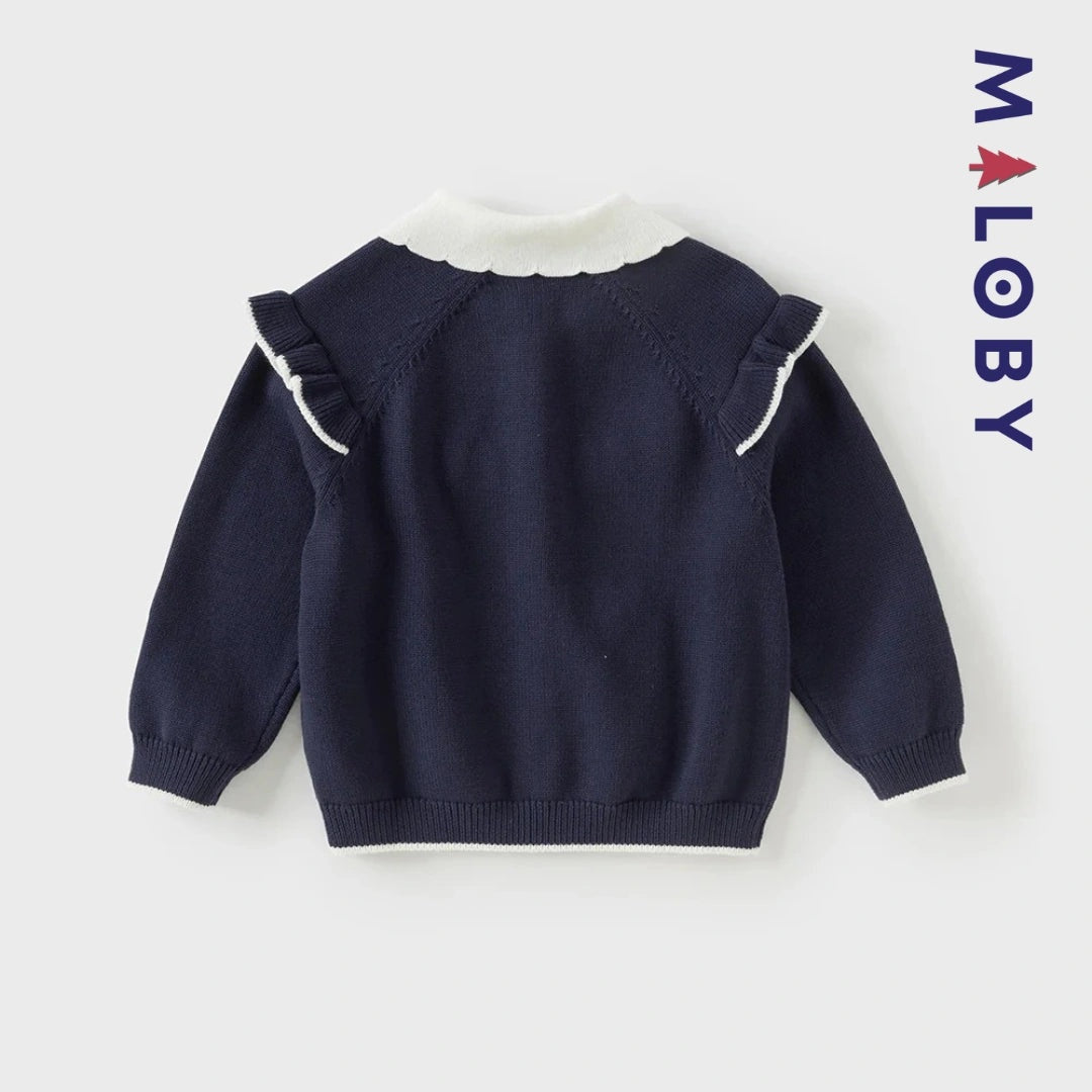 Cardigan à col claudine marine et violet pour fille, idéal pour les occasions spéciales.