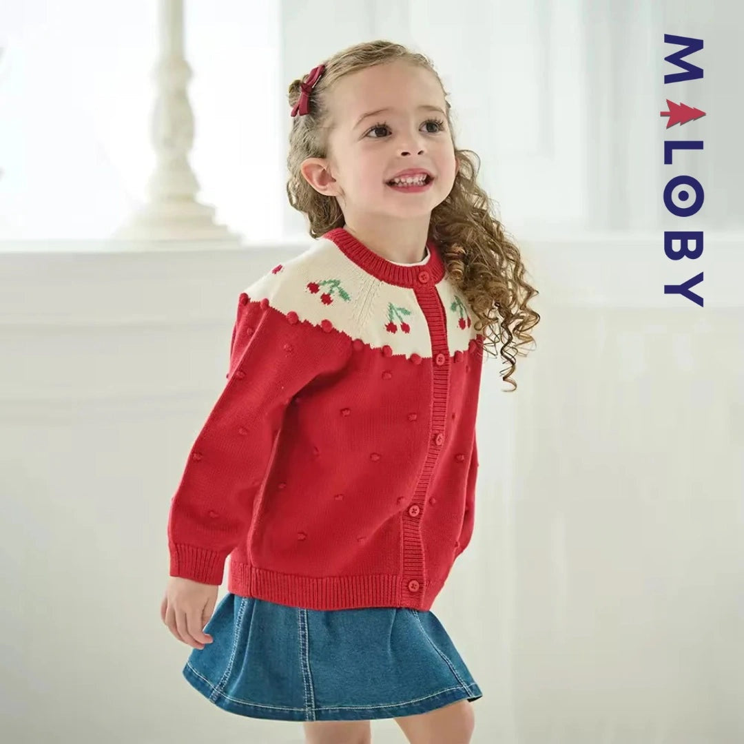 Cardigan jacquard rouge avec cerises pour filles, idéal pour les vêtements enfants.